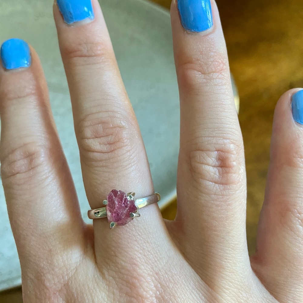 Moon Magic Pink Raw Crystal + Sterling Silver Ring